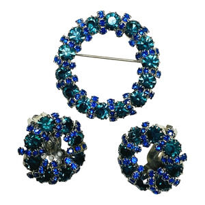 Weiss Signed Peacock Blue Emerald Green Brooch Earring Set Vintage 1960s Jewelry